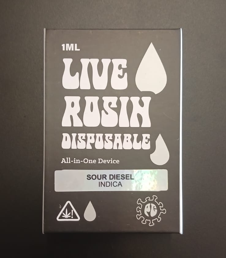 Live Rosin disposable device packaging on a dark background