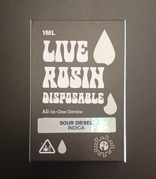 Live Rosin disposable device packaging on a dark background